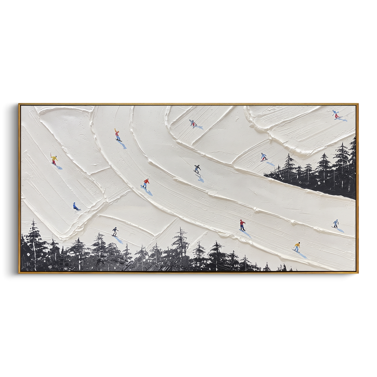Fresh Ski Traverse With Blue Tracks focuses on layered snow ridges, visible ski marks, and a quiet pine border. The artwork shows a winter ski scene built from the actual image: visible downhill figures, curved snow tracks, raised ridgelines, and alpine space arranged in a wide composition. The white, black, gray palette gives the piece a cold mountain atmosphere while the thick impasto surface creates shadows along each snowbank, ski line, and textured ridge. This is presented as hand-painted