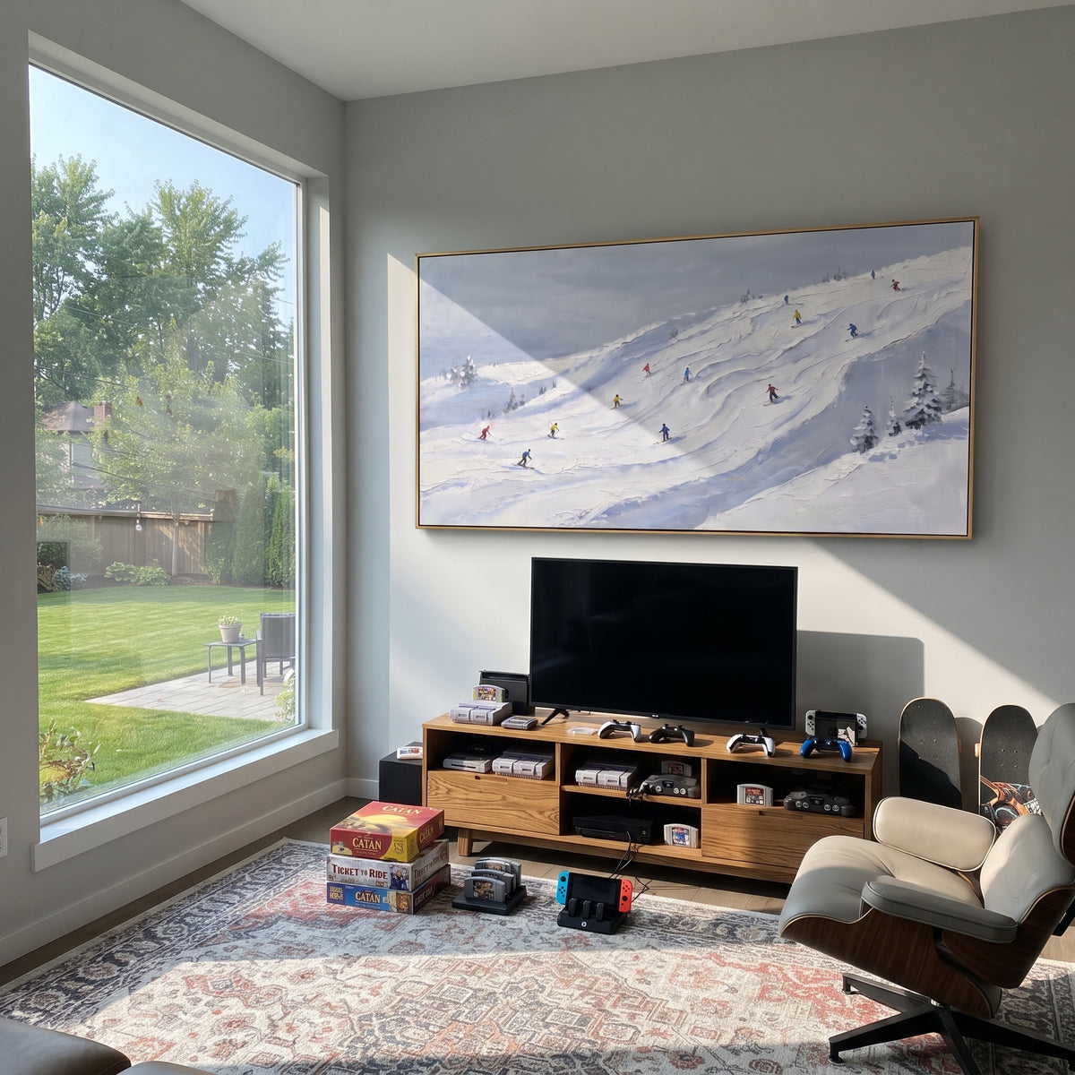 Ice Ski Tracks With Pine Shadows focuses on a forest-framed ski descent with clustered pines and winding carved tracks. The artwork shows a winter ski scene built from the actual image: visible downhill figures, curved snow tracks, raised ridgelines, and alpine space arranged in a wide composition. The white, beige, blue palette gives the piece a cold mountain atmosphere while the thick impasto surface creates shadows along each snowbank, ski line, and textured ridge. This is presented as