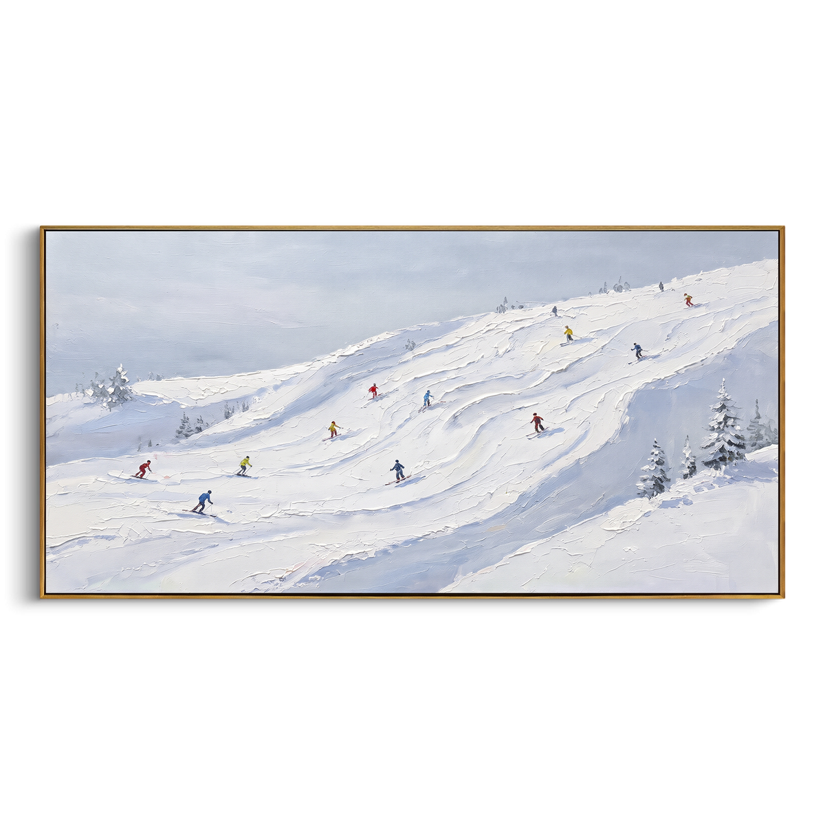 Ice Ski Tracks With Pine Shadows focuses on a forest-framed ski descent with clustered pines and winding carved tracks. The artwork shows a winter ski scene built from the actual image: visible downhill figures, curved snow tracks, raised ridgelines, and alpine space arranged in a wide composition. The white, beige, blue palette gives the piece a cold mountain atmosphere while the thick impasto surface creates shadows along each snowbank, ski line, and textured ridge. This is presented as