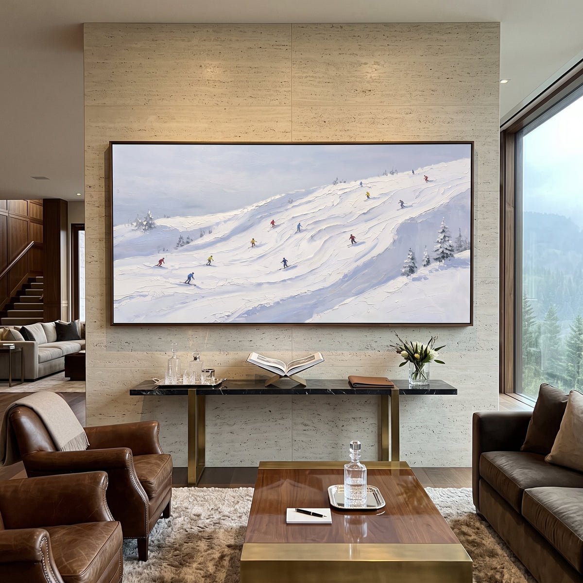 Ice Ski Tracks With Pine Shadows focuses on a forest-framed ski descent with clustered pines and winding carved tracks. The artwork shows a winter ski scene built from the actual image: visible downhill figures, curved snow tracks, raised ridgelines, and alpine space arranged in a wide composition. The white, beige, blue palette gives the piece a cold mountain atmosphere while the thick impasto surface creates shadows along each snowbank, ski line, and textured ridge. This is presented as