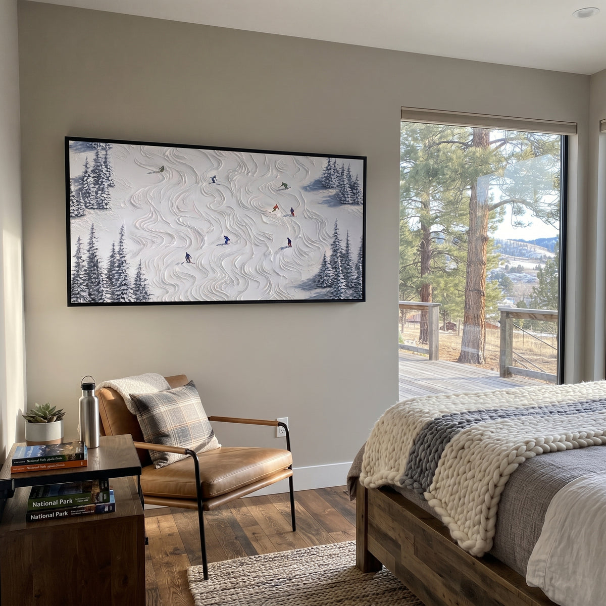Resort Mountain Run With Blue Tracks focuses on a calm mountain basin with crisp tracks, snow shelves, and small skiers. The artwork shows a winter ski scene built from the actual image: visible downhill figures, curved snow tracks, raised ridgelines, and alpine space arranged in a wide composition. The blue, white, orange palette gives the piece a cold mountain atmosphere while the thick impasto surface creates shadows along each snowbank, ski line, and textured ridge. This is presented as