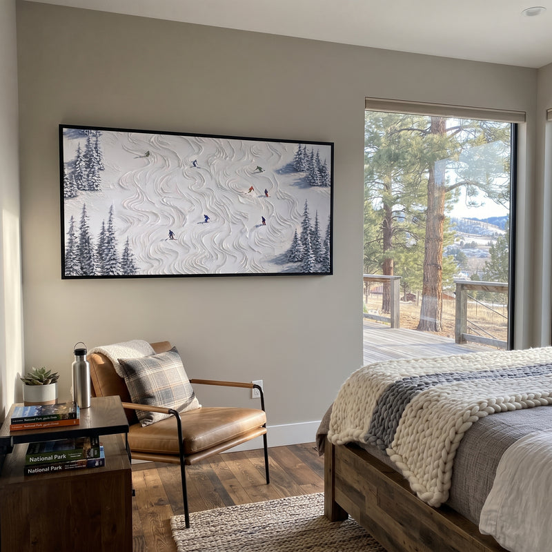 "Resort Mountain Run With Blue Tracks" - Modern Heavy Impasto Landscape Artwork | Blue & White Palette Knife Painting | Luxury Horizontal Wall Art #PT 2525