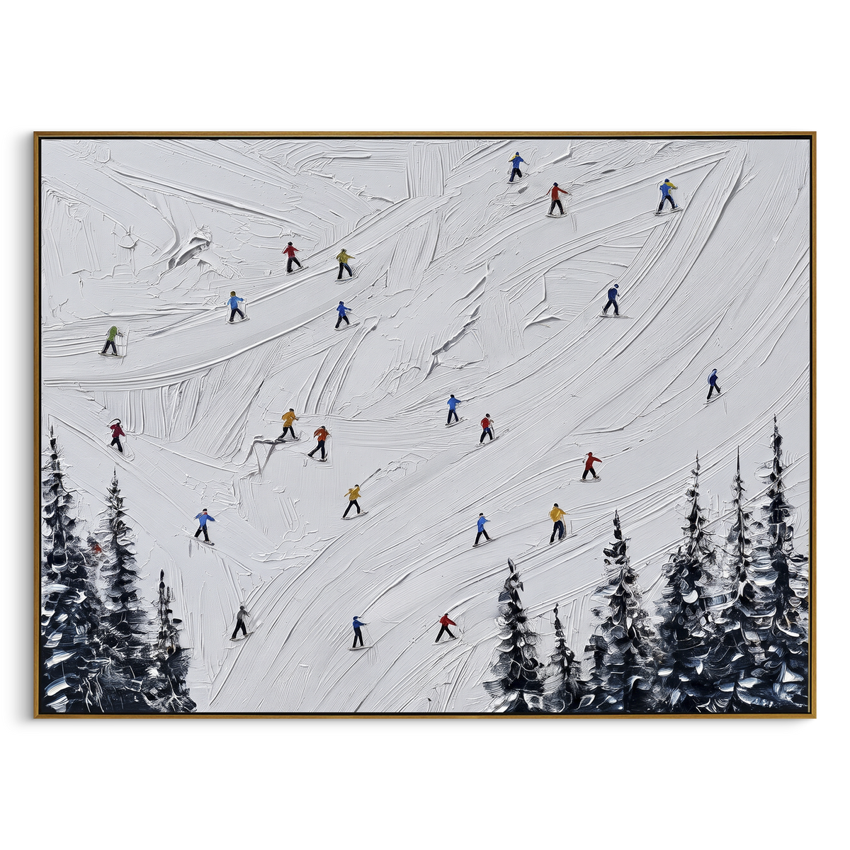 Mountain Winter Slope With Pine Shadows focuses on colored skiers crossing raised white snow tracks between dark pine edges. The artwork shows a winter ski scene built from the actual image: visible downhill figures, curved snow tracks, raised ridgelines, and alpine space arranged in a wide composition. The white, blue, gray palette gives the piece a cold mountain atmosphere while the thick impasto surface creates shadows along each snowbank, ski line, and textured ridge. This is presented as
