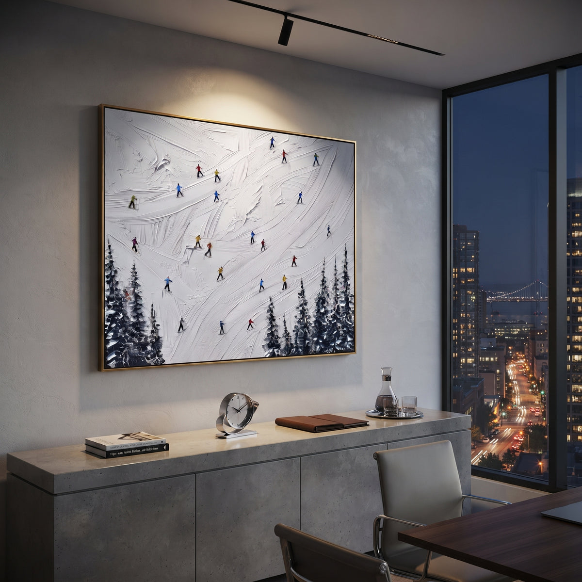 Mountain Winter Slope With Pine Shadows focuses on colored skiers crossing raised white snow tracks between dark pine edges. The artwork shows a winter ski scene built from the actual image: visible downhill figures, curved snow tracks, raised ridgelines, and alpine space arranged in a wide composition. The white, blue, gray palette gives the piece a cold mountain atmosphere while the thick impasto surface creates shadows along each snowbank, ski line, and textured ridge. This is presented as