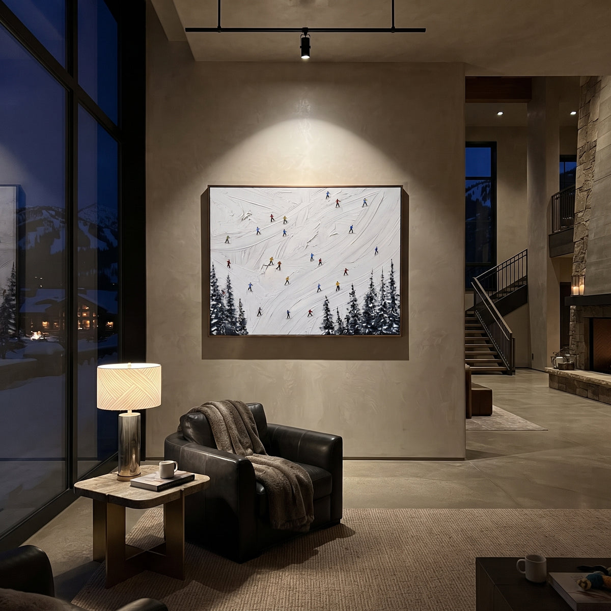 Mountain Winter Slope With Pine Shadows focuses on colored skiers crossing raised white snow tracks between dark pine edges. The artwork shows a winter ski scene built from the actual image: visible downhill figures, curved snow tracks, raised ridgelines, and alpine space arranged in a wide composition. The white, blue, gray palette gives the piece a cold mountain atmosphere while the thick impasto surface creates shadows along each snowbank, ski line, and textured ridge. This is presented as
