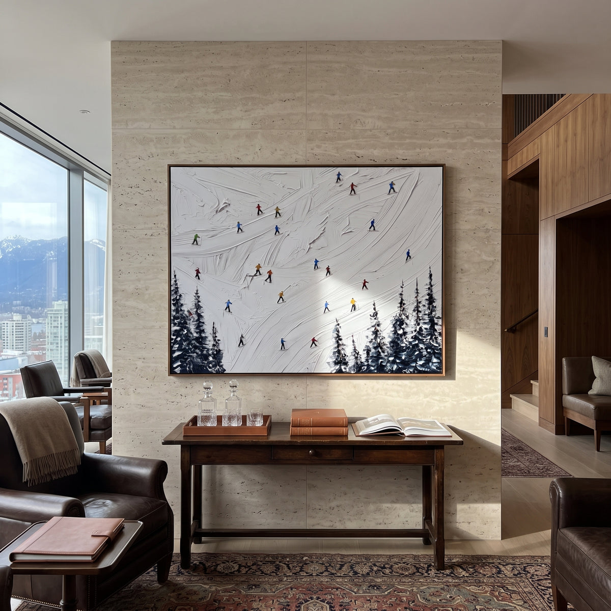Mountain Winter Slope With Pine Shadows focuses on colored skiers crossing raised white snow tracks between dark pine edges. The artwork shows a winter ski scene built from the actual image: visible downhill figures, curved snow tracks, raised ridgelines, and alpine space arranged in a wide composition. The white, blue, gray palette gives the piece a cold mountain atmosphere while the thick impasto surface creates shadows along each snowbank, ski line, and textured ridge. This is presented as