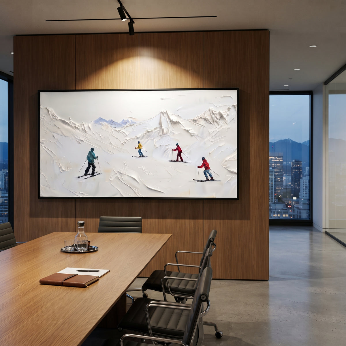 Forest Ski Run With Pine Shadows focuses on layered snow ridges, visible ski marks, and a quiet pine border. The artwork shows a winter ski scene built from the actual image: visible downhill figures, curved snow tracks, raised ridgelines, and alpine space arranged in a wide composition. The white, gray, blue palette gives the piece a cold mountain atmosphere while the thick impasto surface creates shadows along each snowbank, ski line, and textured ridge. This is presented as hand-painted