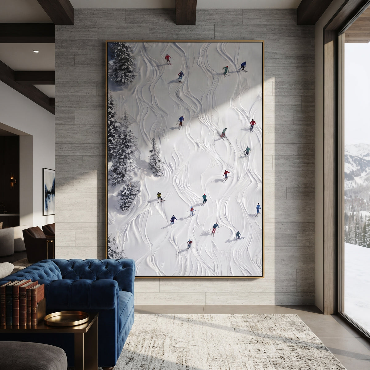 Alpine Pine Slope With Pine Shadows focuses on distant peaks, white powder banks, and raised palette-knife terrain. The artwork shows a winter ski scene built from the actual image: visible downhill figures, curved snow tracks, raised ridgelines, and alpine space arranged in a tall composition. The white, gray, blue palette gives the piece a cold mountain atmosphere while the thick impasto surface creates shadows along each snowbank, ski line, and textured ridge. This is presented as