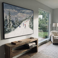 Green Pine Resort Run focuses on skiers descending a pale resort run bordered by green pines and distant mountains. The artwork shows a winter ski scene built from the actual image: visible downhill figures, curved snow tracks, raised ridgelines, and alpine space arranged in a wide composition. The green, white, blue palette gives the piece a cold mountain atmosphere while the thick impasto surface creates shadows along each snowbank, ski line, and textured ridge. This is presented as