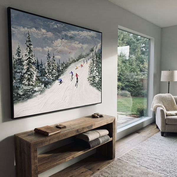 "Green Pine Resort Run" - Modern Heavy Impasto Landscape Artwork | Green & White Palette Knife Painting | Luxury Horizontal Wall Art #PT 2529