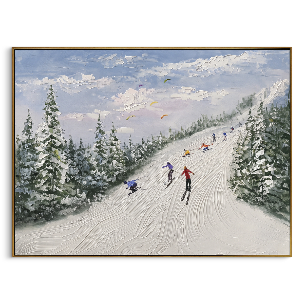 Green Pine Resort Run focuses on skiers descending a pale resort run bordered by green pines and distant mountains. The artwork shows a winter ski scene built from the actual image: visible downhill figures, curved snow tracks, raised ridgelines, and alpine space arranged in a wide composition. The green, white, blue palette gives the piece a cold mountain atmosphere while the thick impasto surface creates shadows along each snowbank, ski line, and textured ridge. This is presented as