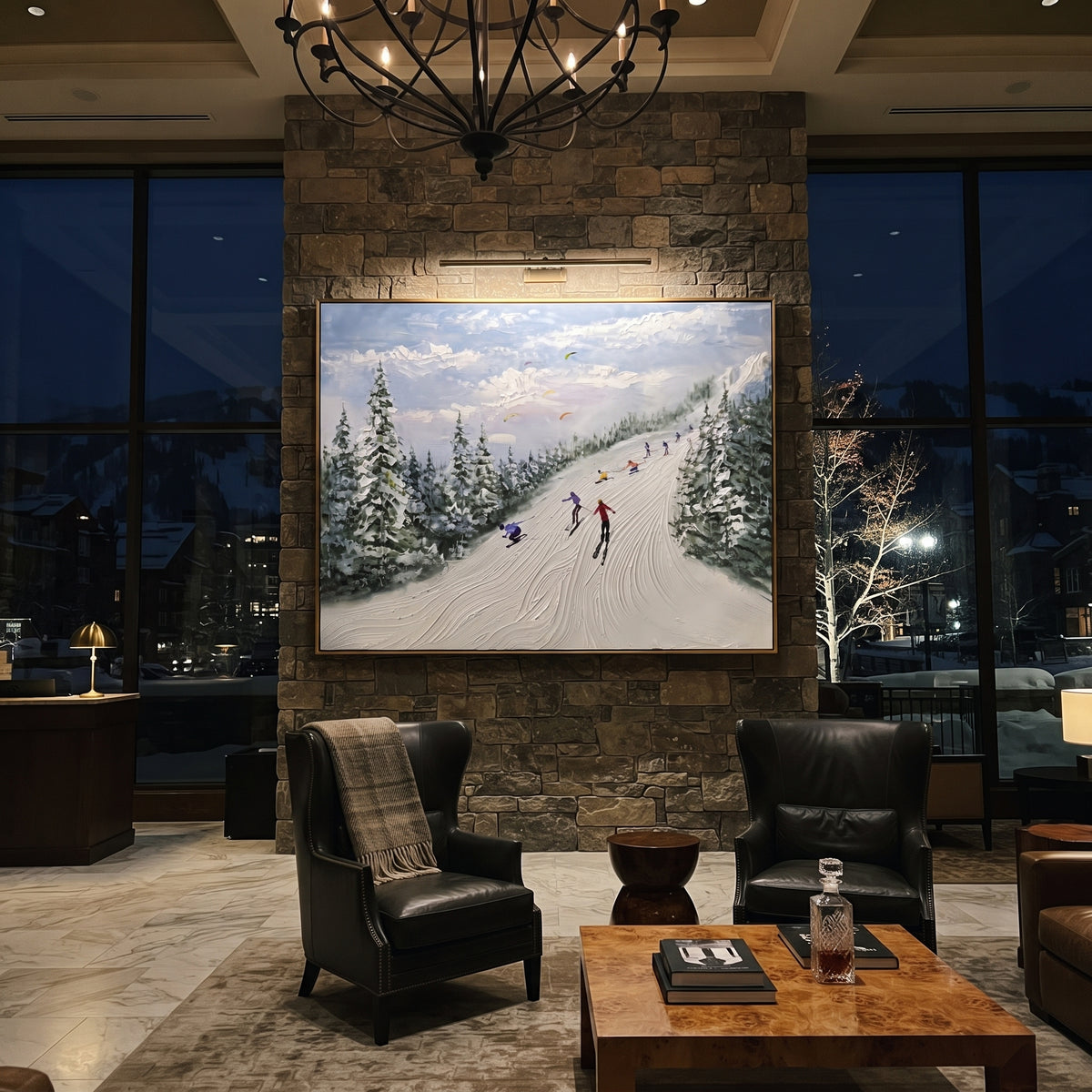 Green Pine Resort Run focuses on skiers descending a pale resort run bordered by green pines and distant mountains. The artwork shows a winter ski scene built from the actual image: visible downhill figures, curved snow tracks, raised ridgelines, and alpine space arranged in a wide composition. The green, white, blue palette gives the piece a cold mountain atmosphere while the thick impasto surface creates shadows along each snowbank, ski line, and textured ridge. This is presented as
