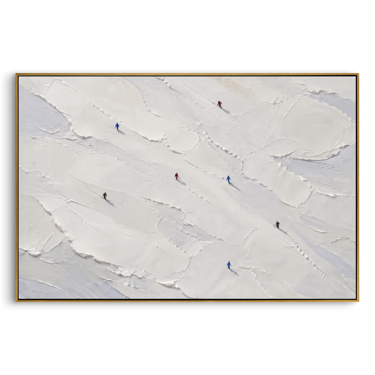 Frosted Pine Slope With Pine Shadows focuses on layered snow ridges, visible ski marks, and a quiet pine border. The artwork shows a winter ski scene built from the actual image: visible downhill figures, curved snow tracks, raised ridgelines, and alpine space arranged in a wide composition. The blue, white, orange palette gives the piece a cold mountain atmosphere while the thick impasto surface creates shadows along each snowbank, ski line, and textured ridge. This is presented as hand-painted