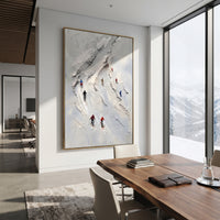 Summit Alpine Descent With Pine Shadows focuses on a forest-framed ski descent with clustered pines and winding carved tracks. The artwork shows a winter ski scene built from the actual image: visible downhill figures, curved snow tracks, raised ridgelines, and alpine space arranged in a tall composition. The white, blue, gray palette gives the piece a cold mountain atmosphere while the thick impasto surface creates shadows along each snowbank, ski line, and textured ridge. This is presented as