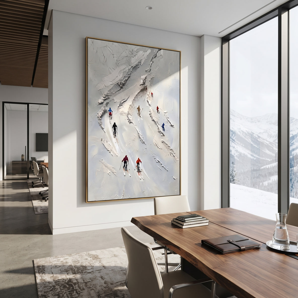 Summit Alpine Descent With Pine Shadows focuses on a forest-framed ski descent with clustered pines and winding carved tracks. The artwork shows a winter ski scene built from the actual image: visible downhill figures, curved snow tracks, raised ridgelines, and alpine space arranged in a tall composition. The white, blue, gray palette gives the piece a cold mountain atmosphere while the thick impasto surface creates shadows along each snowbank, ski line, and textured ridge. This is presented as