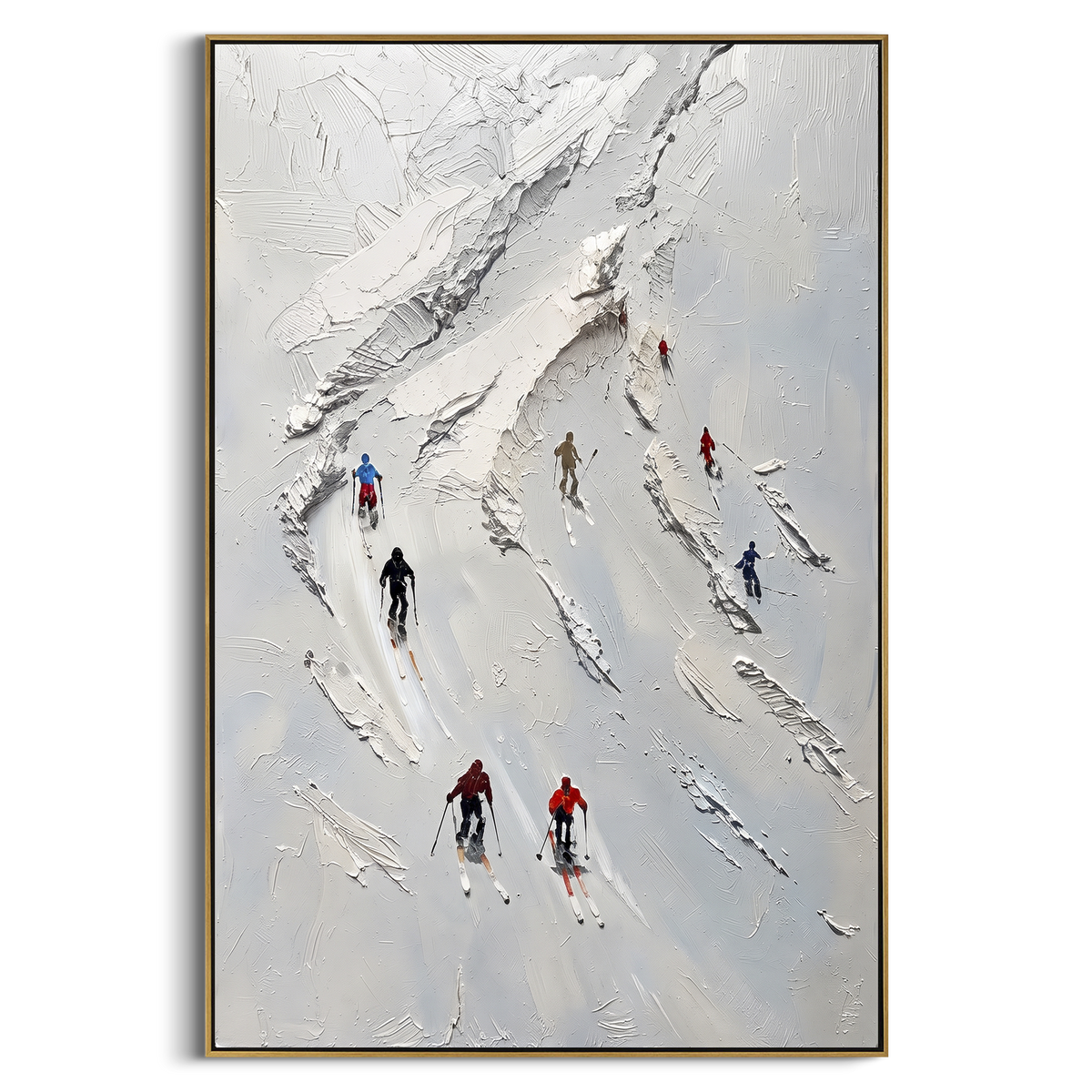 Summit Alpine Descent With Pine Shadows focuses on a forest-framed ski descent with clustered pines and winding carved tracks. The artwork shows a winter ski scene built from the actual image: visible downhill figures, curved snow tracks, raised ridgelines, and alpine space arranged in a tall composition. The white, blue, gray palette gives the piece a cold mountain atmosphere while the thick impasto surface creates shadows along each snowbank, ski line, and textured ridge. This is presented as