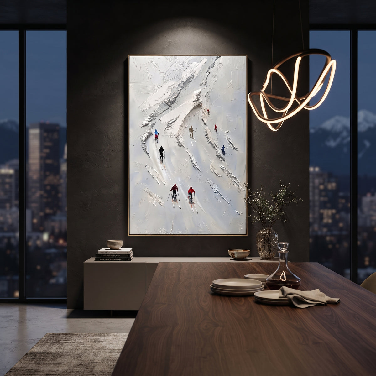 Summit Alpine Descent With Pine Shadows focuses on a forest-framed ski descent with clustered pines and winding carved tracks. The artwork shows a winter ski scene built from the actual image: visible downhill figures, curved snow tracks, raised ridgelines, and alpine space arranged in a tall composition. The white, blue, gray palette gives the piece a cold mountain atmosphere while the thick impasto surface creates shadows along each snowbank, ski line, and textured ridge. This is presented as