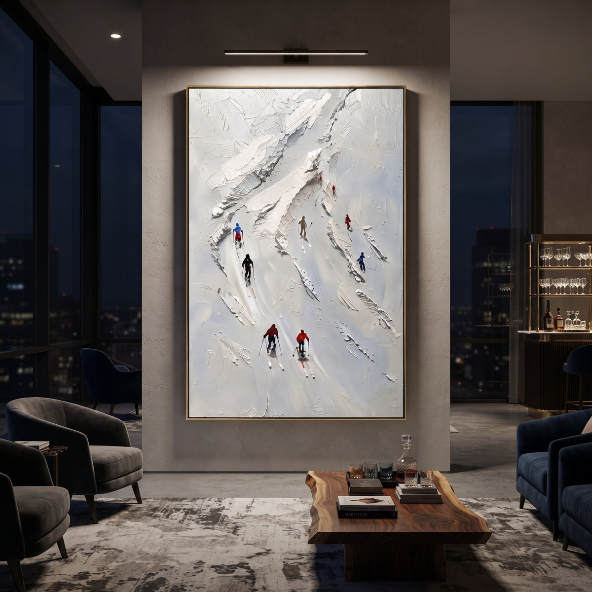 Summit Alpine Descent With Pine Shadows focuses on a forest-framed ski descent with clustered pines and winding carved tracks. The artwork shows a winter ski scene built from the actual image: visible downhill figures, curved snow tracks, raised ridgelines, and alpine space arranged in a tall composition. The white, blue, gray palette gives the piece a cold mountain atmosphere while the thick impasto surface creates shadows along each snowbank, ski line, and textured ridge. This is presented as