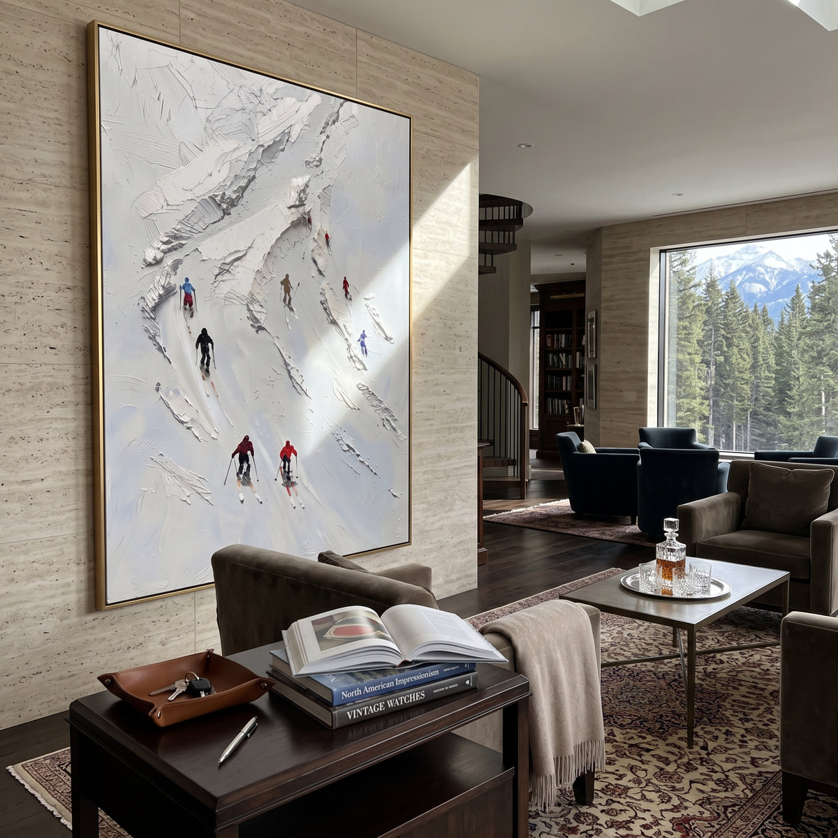 Summit Alpine Descent With Pine Shadows focuses on a forest-framed ski descent with clustered pines and winding carved tracks. The artwork shows a winter ski scene built from the actual image: visible downhill figures, curved snow tracks, raised ridgelines, and alpine space arranged in a tall composition. The white, blue, gray palette gives the piece a cold mountain atmosphere while the thick impasto surface creates shadows along each snowbank, ski line, and textured ridge. This is presented as