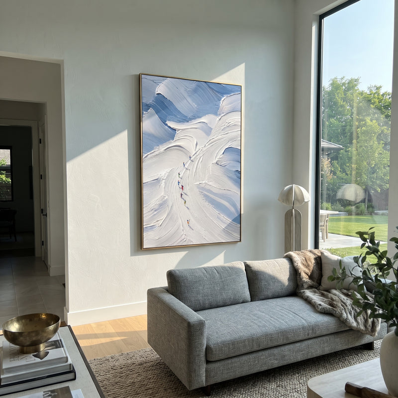 "Pine Texture Run With Blue Tracks" - Modern Heavy Impasto Landscape Artwork | White & Gray Palette Knife Painting | Luxury Vertical Wall Art #PT 2533