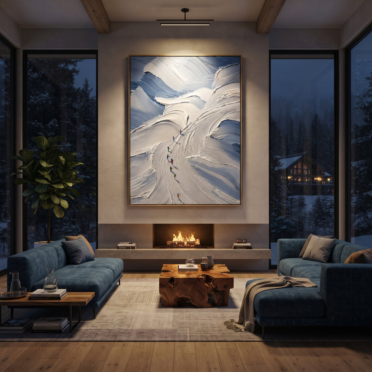 Pine Texture Run With Blue Tracks focuses on a calm mountain basin with crisp tracks, snow shelves, and small skiers. The artwork shows a winter ski scene built from the actual image: visible downhill figures, curved snow tracks, raised ridgelines, and alpine space arranged in a tall composition. The white, gray, blue palette gives the piece a cold mountain atmosphere while the thick impasto surface creates shadows along each snowbank, ski line, and textured ridge. This is presented as