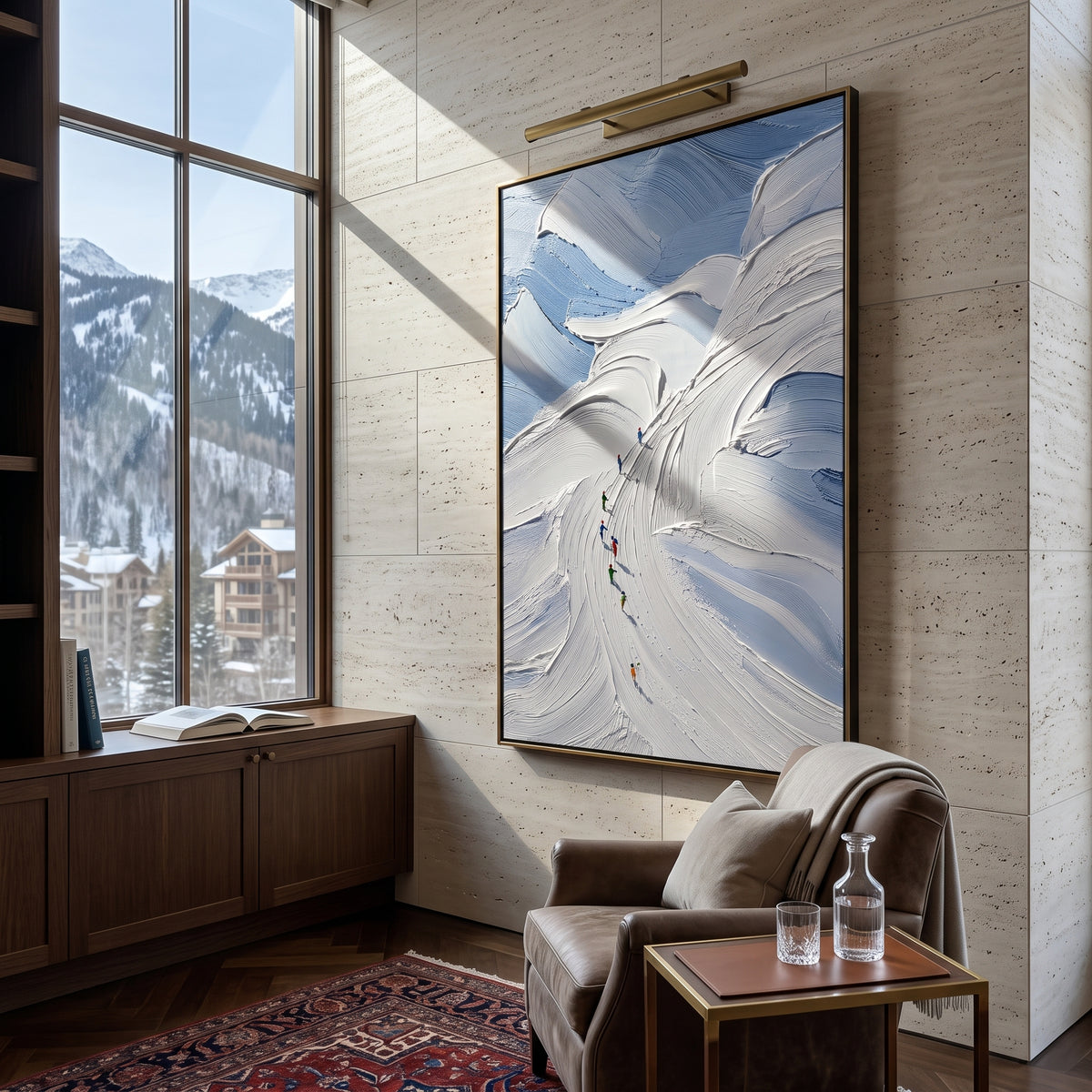 Pine Texture Run With Blue Tracks focuses on a calm mountain basin with crisp tracks, snow shelves, and small skiers. The artwork shows a winter ski scene built from the actual image: visible downhill figures, curved snow tracks, raised ridgelines, and alpine space arranged in a tall composition. The white, gray, blue palette gives the piece a cold mountain atmosphere while the thick impasto surface creates shadows along each snowbank, ski line, and textured ridge. This is presented as