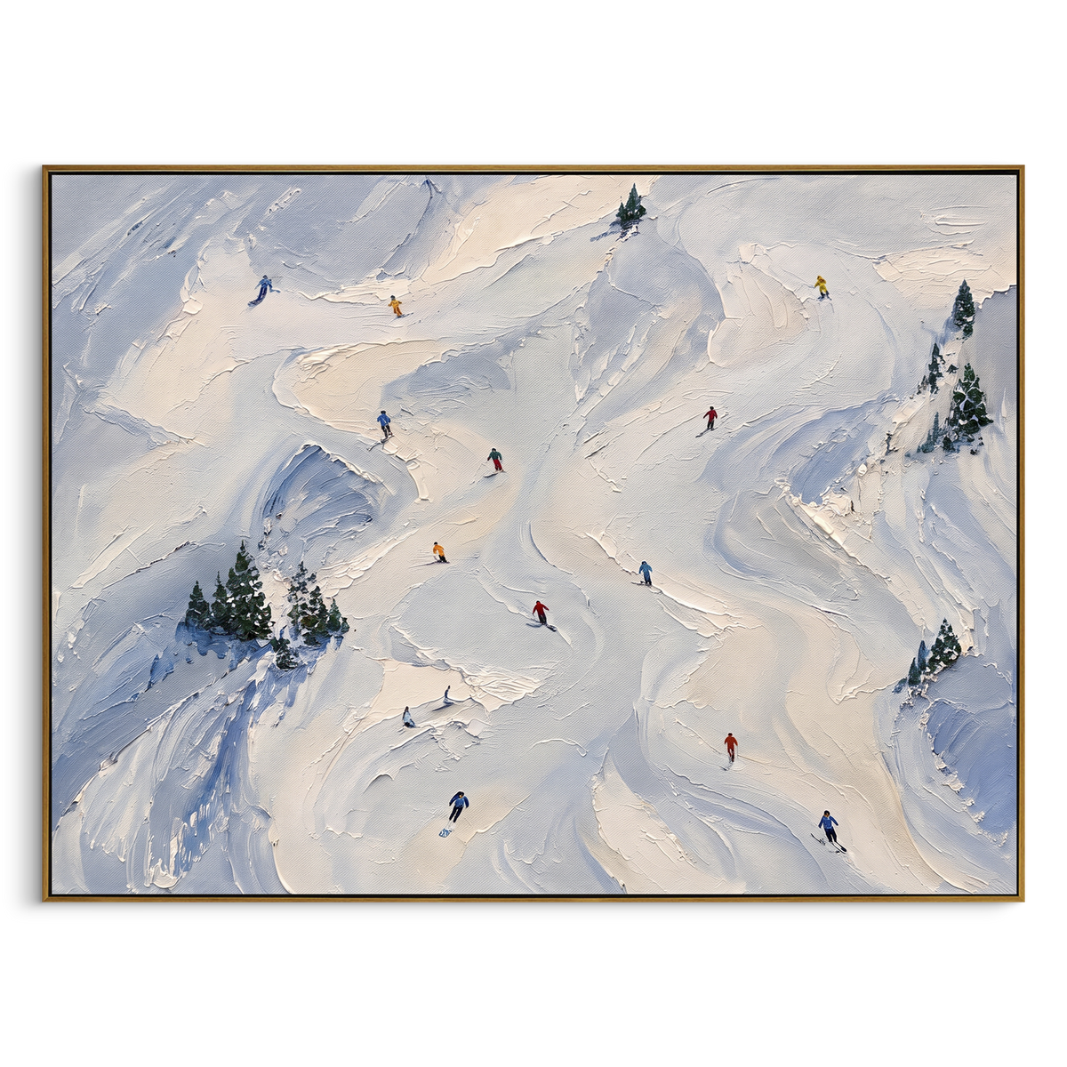 Glacier Ridge Skiers With Pine Shadows focuses on colored skiers crossing raised white snow tracks between dark pine edges. The artwork shows a winter ski scene built from the actual image: visible downhill figures, curved snow tracks, raised ridgelines, and alpine space arranged in a wide composition. The white, green, blue palette gives the piece a cold mountain atmosphere while the thick impasto surface creates shadows along each snowbank, ski line, and textured ridge. This is presented as