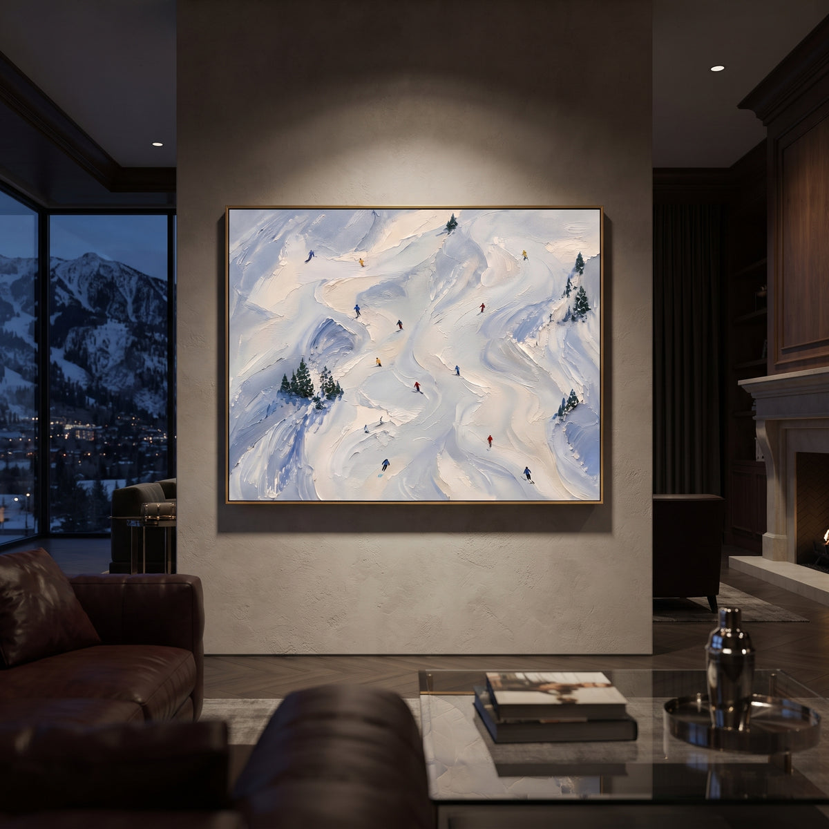 Glacier Ridge Skiers With Pine Shadows focuses on colored skiers crossing raised white snow tracks between dark pine edges. The artwork shows a winter ski scene built from the actual image: visible downhill figures, curved snow tracks, raised ridgelines, and alpine space arranged in a wide composition. The white, green, blue palette gives the piece a cold mountain atmosphere while the thick impasto surface creates shadows along each snowbank, ski line, and textured ridge. This is presented as