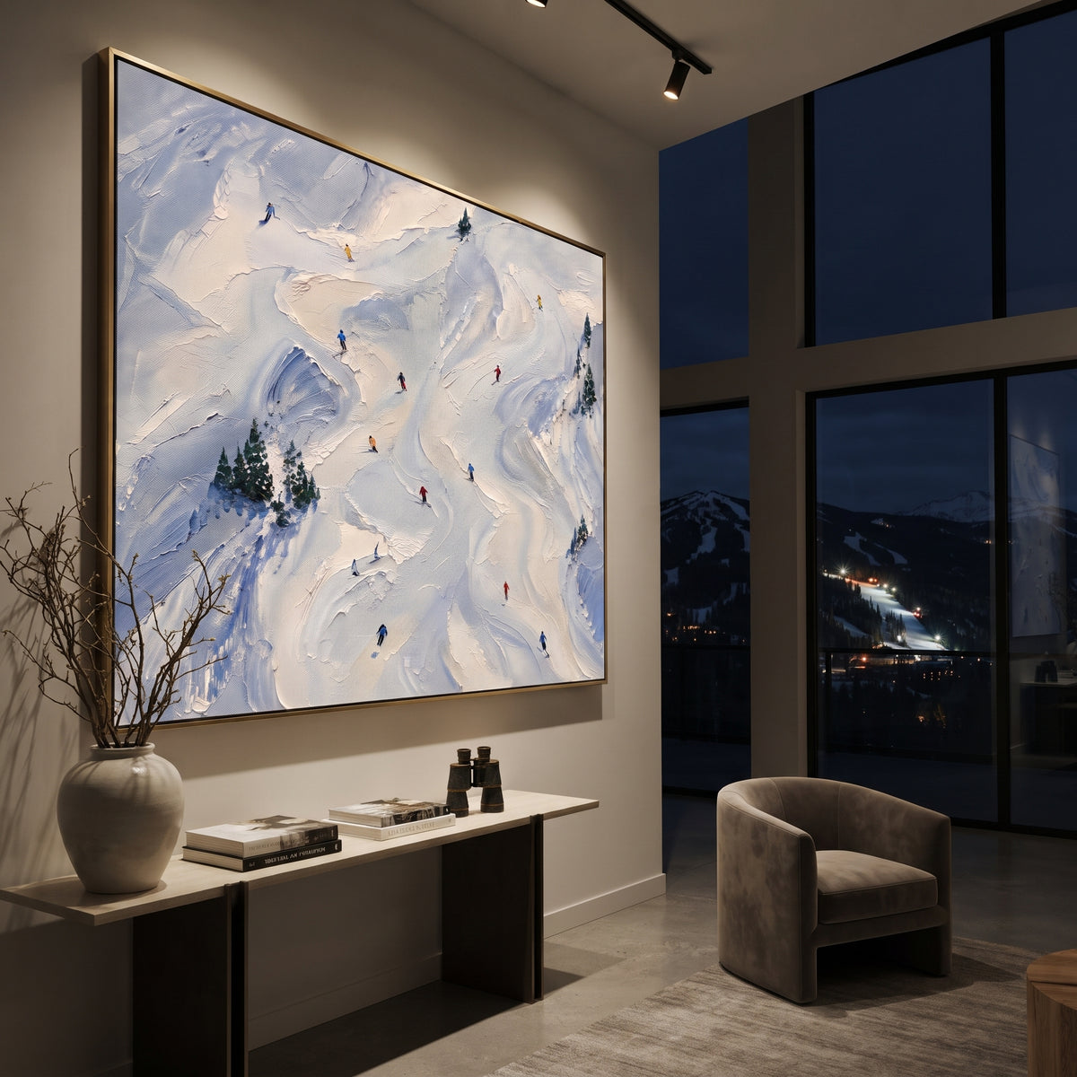 Glacier Ridge Skiers With Pine Shadows focuses on colored skiers crossing raised white snow tracks between dark pine edges. The artwork shows a winter ski scene built from the actual image: visible downhill figures, curved snow tracks, raised ridgelines, and alpine space arranged in a wide composition. The white, green, blue palette gives the piece a cold mountain atmosphere while the thick impasto surface creates shadows along each snowbank, ski line, and textured ridge. This is presented as