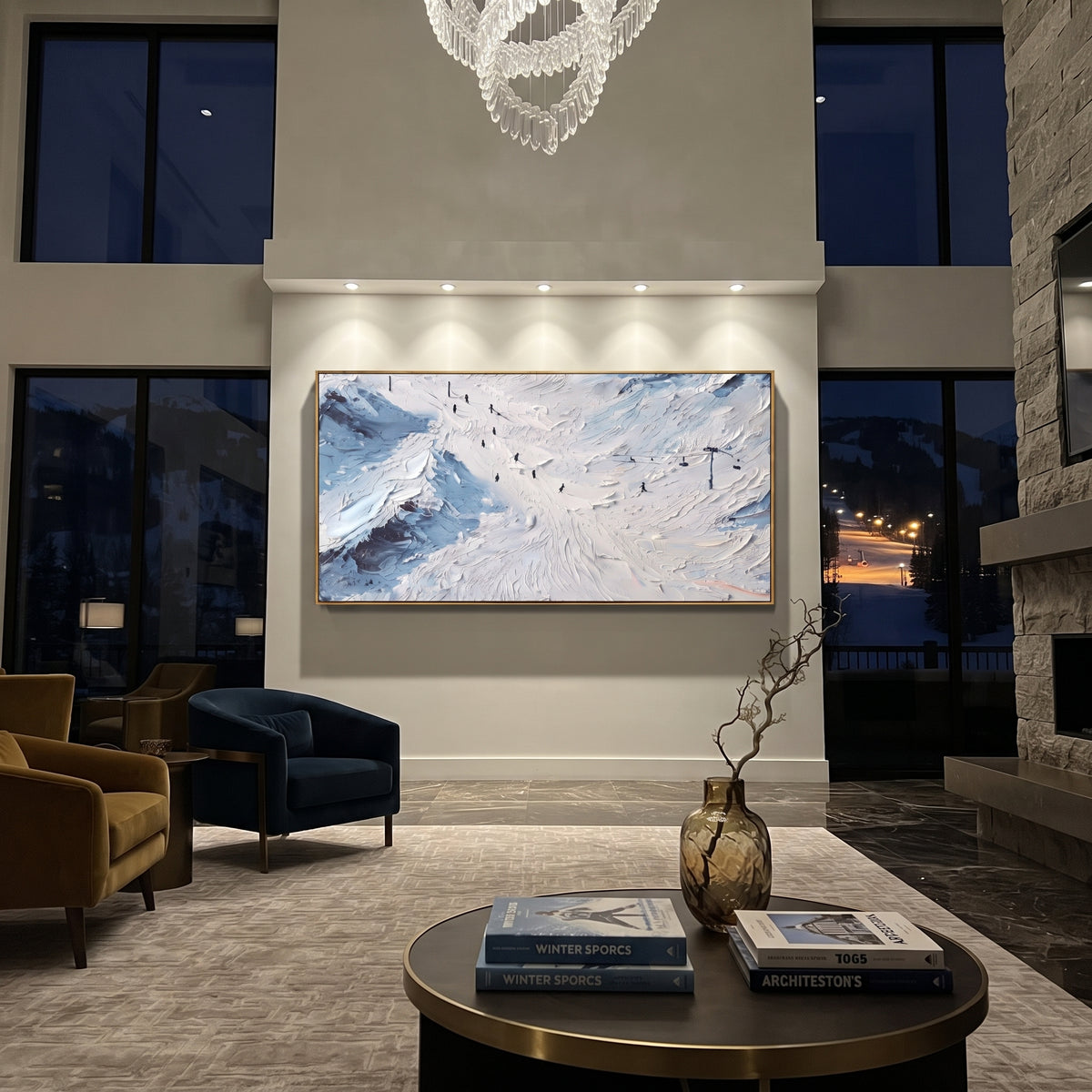 Winter Snow Basin focuses on layered snow ridges, visible ski marks, and a quiet pine border. The artwork shows a winter ski scene built from the actual image: visible downhill figures, curved snow tracks, raised ridgelines, and alpine space arranged in a wide composition. The white, black, gray palette gives the piece a cold mountain atmosphere while the thick impasto surface creates shadows along each snowbank, ski line, and textured ridge. This is presented as hand-painted textured canvas