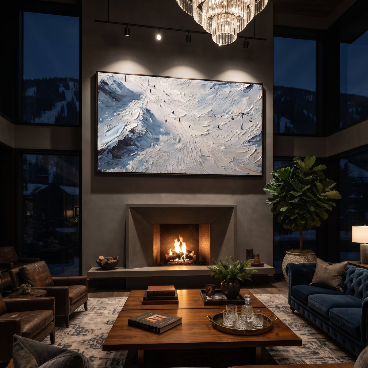 Winter Snow Basin focuses on layered snow ridges, visible ski marks, and a quiet pine border. The artwork shows a winter ski scene built from the actual image: visible downhill figures, curved snow tracks, raised ridgelines, and alpine space arranged in a wide composition. The white, black, gray palette gives the piece a cold mountain atmosphere while the thick impasto surface creates shadows along each snowbank, ski line, and textured ridge. This is presented as hand-painted textured canvas
