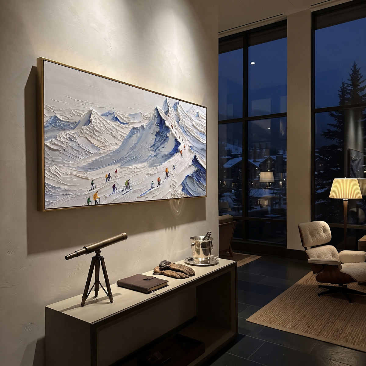 Blue Ridge Ski Queue focuses on a group of skiers lined along a blue mountain ridge before a bright alpine backdrop. The artwork shows a winter ski scene built from the actual image: visible downhill figures, curved snow tracks, raised ridgelines, and alpine space arranged in a wide composition. The blue, white, yellow palette gives the piece a cold mountain atmosphere while the thick impasto surface creates shadows along each snowbank, ski line, and textured ridge. This is presented as