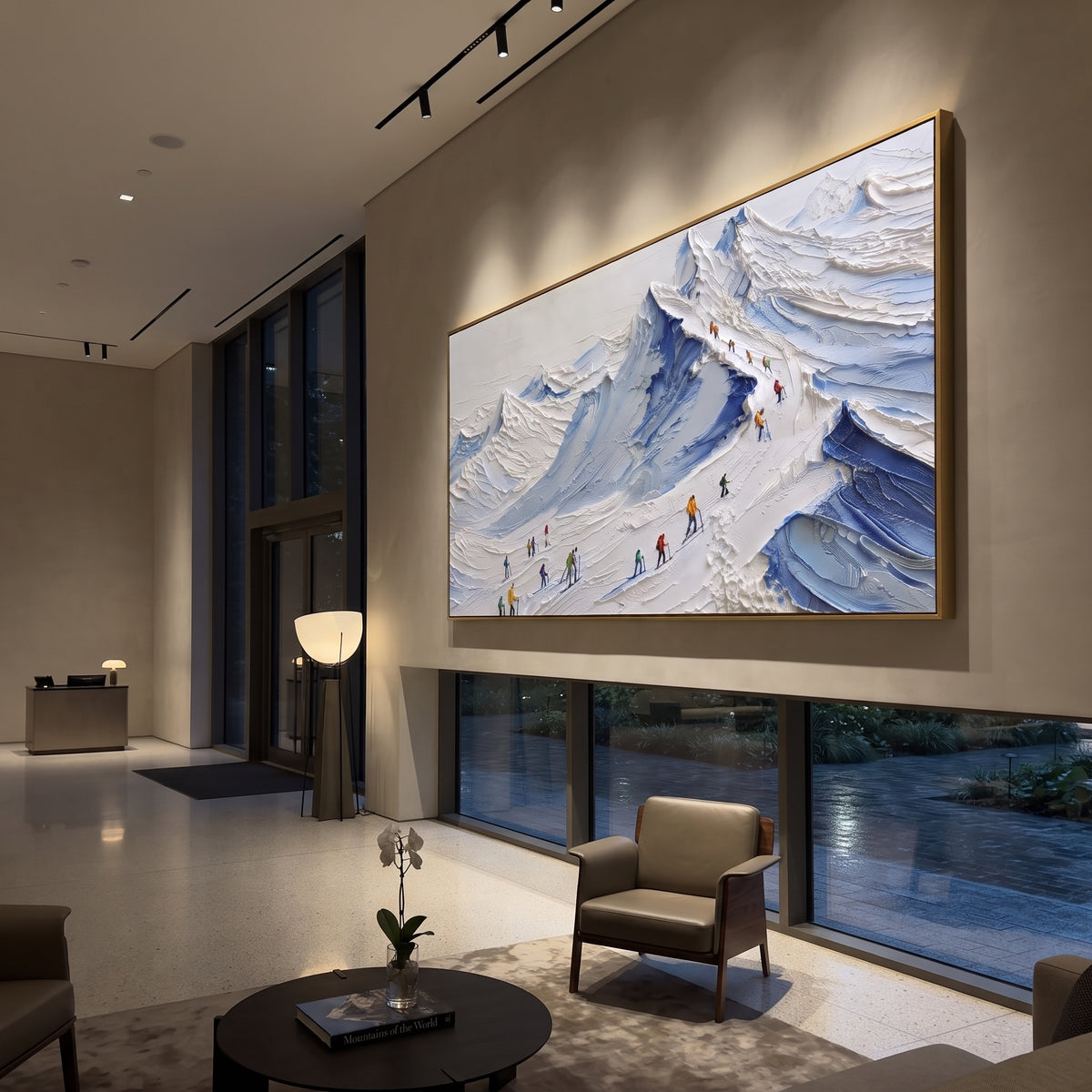 Blue Ridge Ski Queue focuses on a group of skiers lined along a blue mountain ridge before a bright alpine backdrop. The artwork shows a winter ski scene built from the actual image: visible downhill figures, curved snow tracks, raised ridgelines, and alpine space arranged in a wide composition. The blue, white, yellow palette gives the piece a cold mountain atmosphere while the thick impasto surface creates shadows along each snowbank, ski line, and textured ridge. This is presented as