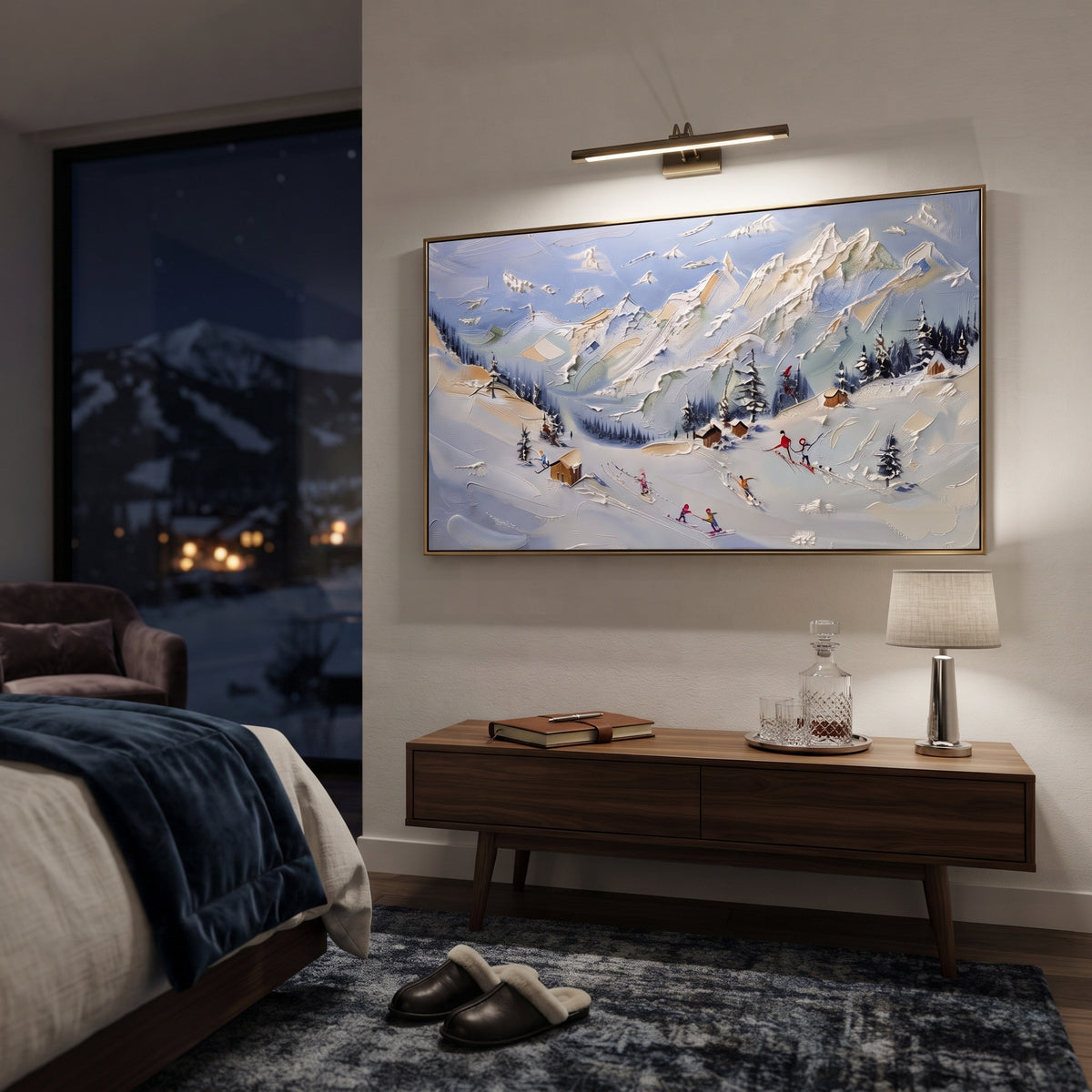 Sunlit Chalet Ski Valley focuses on a sunlit chalet valley with orange roofs, pines, white peaks, and scattered skiers. The artwork shows a winter ski scene built from the actual image: visible downhill figures, curved snow tracks, raised ridgelines, and alpine space arranged in a wide composition. The blue, orange, white palette gives the piece a cold mountain atmosphere while the thick impasto surface creates shadows along each snowbank, ski line, and textured ridge. This is presented as