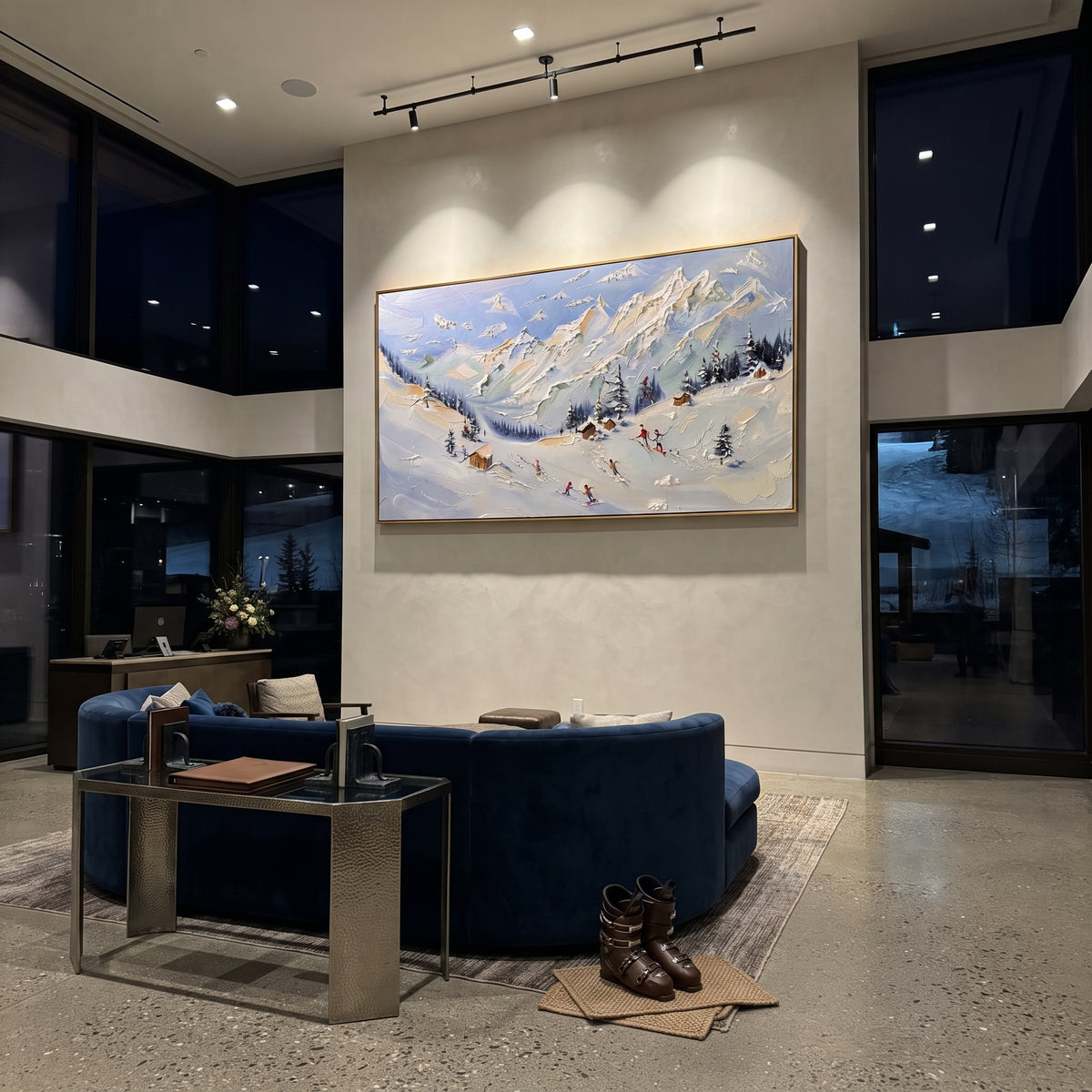 Sunlit Chalet Ski Valley focuses on a sunlit chalet valley with orange roofs, pines, white peaks, and scattered skiers. The artwork shows a winter ski scene built from the actual image: visible downhill figures, curved snow tracks, raised ridgelines, and alpine space arranged in a wide composition. The blue, orange, white palette gives the piece a cold mountain atmosphere while the thick impasto surface creates shadows along each snowbank, ski line, and textured ridge. This is presented as