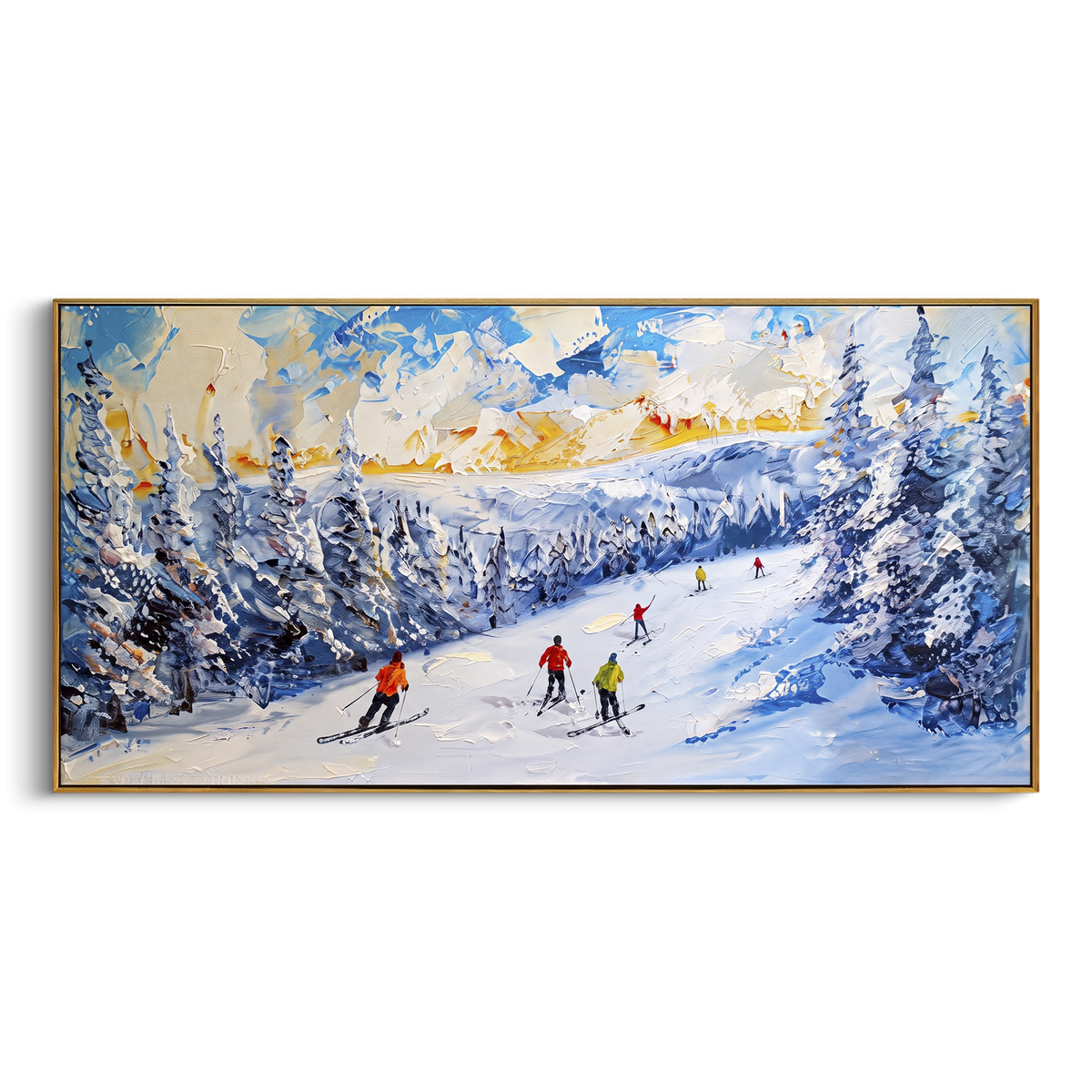 Blue Snow Waves Skiers focuses on a line of skiers threading through rolling blue and white snow waves. The artwork shows a winter ski scene built from the actual image: visible downhill figures, curved snow tracks, raised ridgelines, and alpine space arranged in a wide composition. The blue, white, gray palette gives the piece a cold mountain atmosphere while the thick impasto surface creates shadows along each snowbank, ski line, and textured ridge. This is presented as hand-painted textured
