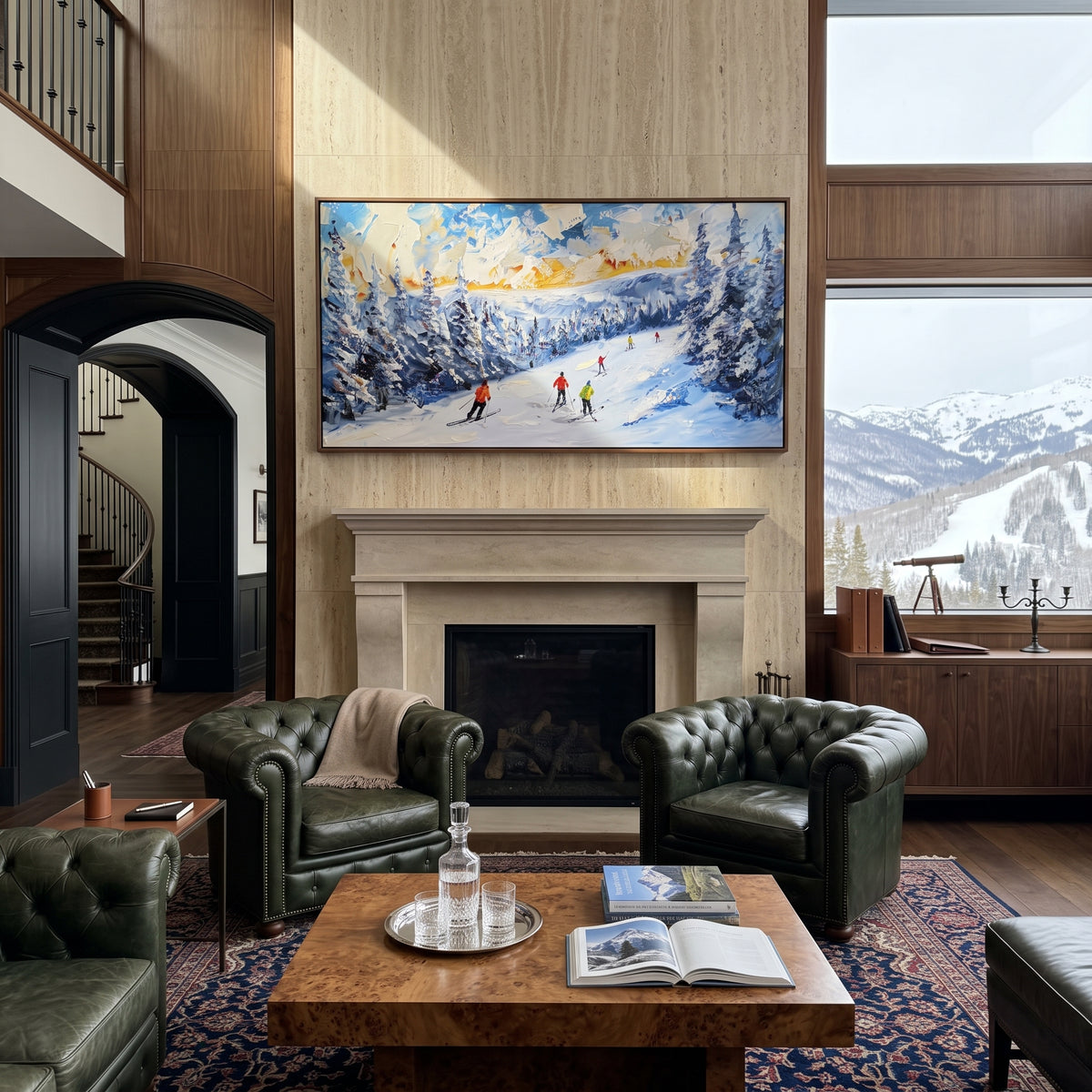Blue Snow Waves Skiers focuses on a line of skiers threading through rolling blue and white snow waves. The artwork shows a winter ski scene built from the actual image: visible downhill figures, curved snow tracks, raised ridgelines, and alpine space arranged in a wide composition. The blue, white, gray palette gives the piece a cold mountain atmosphere while the thick impasto surface creates shadows along each snowbank, ski line, and textured ridge. This is presented as hand-painted textured