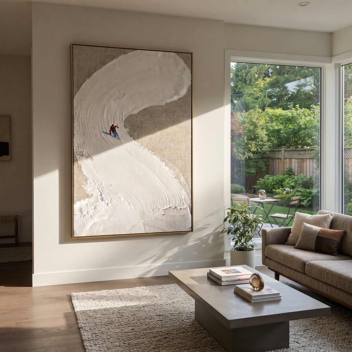 Curved Snowbank Skiers focuses on two tiny skiers tucked against a sweeping sculpted snowbank on taupe ground. The artwork shows a winter ski scene built from the actual image: visible downhill figures, curved snow tracks, raised ridgelines, and alpine space arranged in a tall composition. The white, gray, red palette gives the piece a cold mountain atmosphere while the thick impasto surface creates shadows along each snowbank, ski line, and textured ridge. This is presented as hand-painted