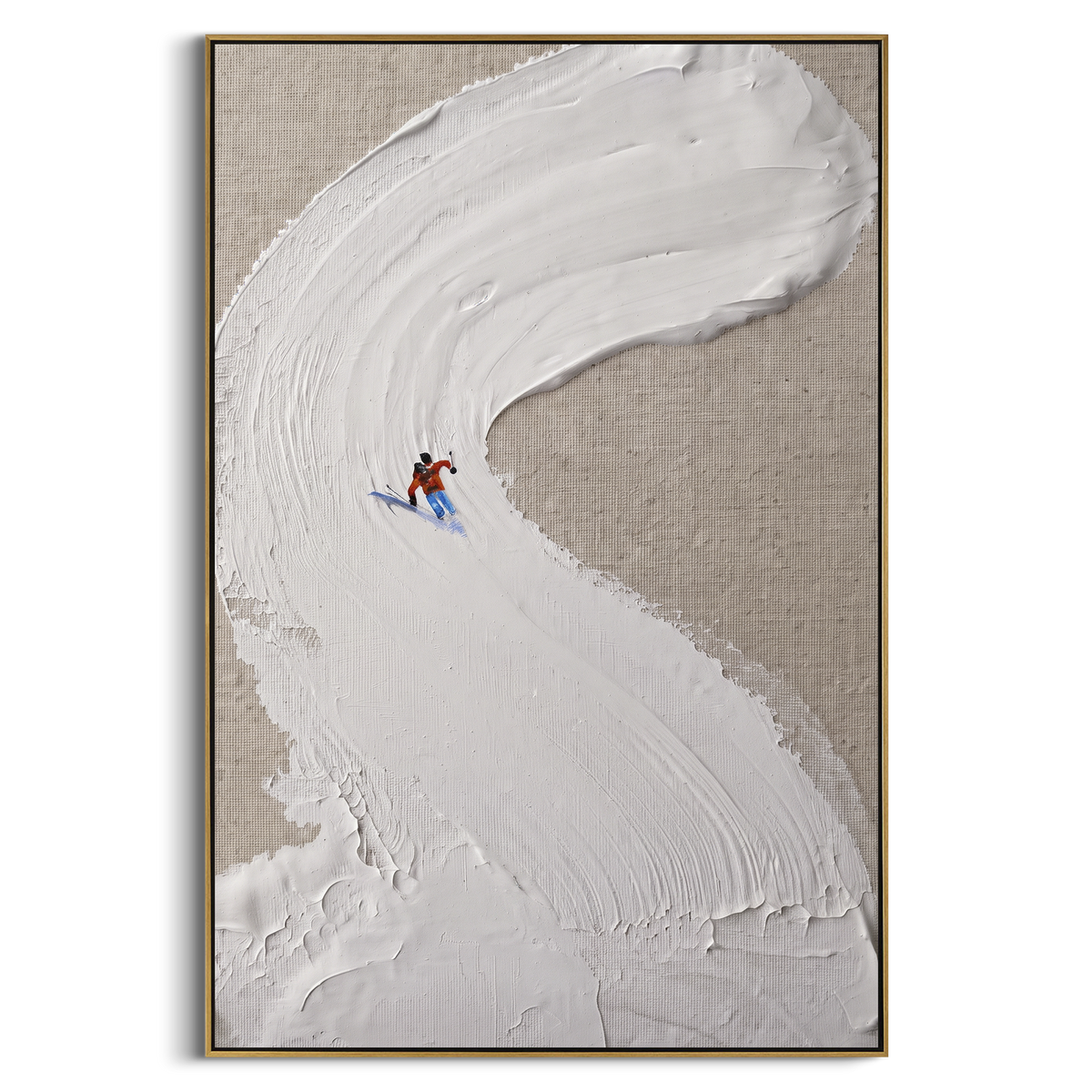 "Curved Snowbank Skiers" - Modern Heavy Impasto Landscape Artwork | White & Gray Palette Knife Painting | Luxury Vertical Wall Art #PT 2539