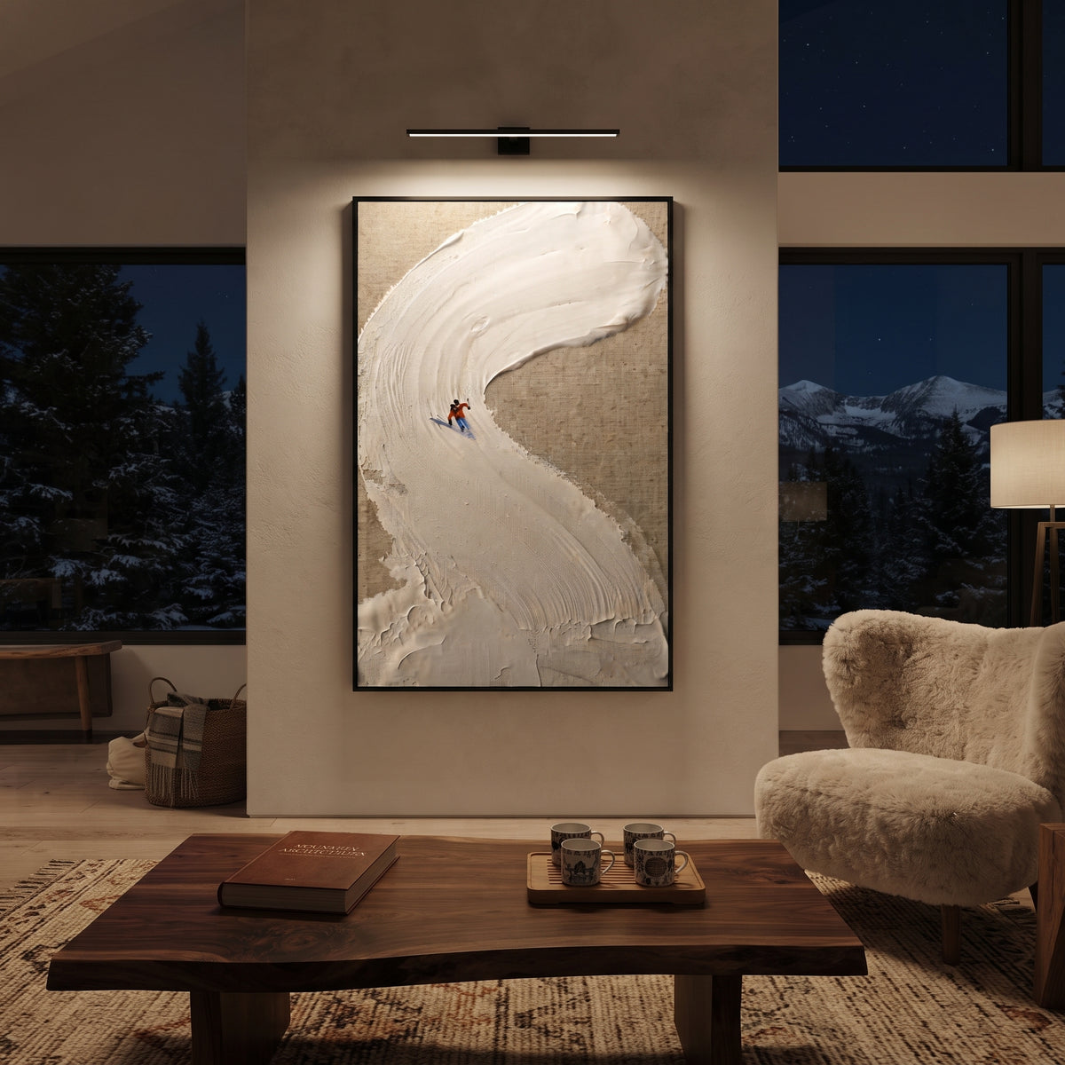Curved Snowbank Skiers focuses on two tiny skiers tucked against a sweeping sculpted snowbank on taupe ground. The artwork shows a winter ski scene built from the actual image: visible downhill figures, curved snow tracks, raised ridgelines, and alpine space arranged in a tall composition. The white, gray, red palette gives the piece a cold mountain atmosphere while the thick impasto surface creates shadows along each snowbank, ski line, and textured ridge. This is presented as hand-painted