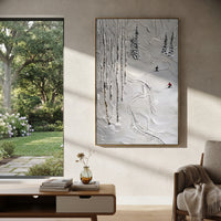 Carved Texture Run focuses on layered snow ridges, visible ski marks, and a quiet pine border. The artwork shows a winter ski scene built from the actual image: visible downhill figures, curved snow tracks, raised ridgelines, and alpine space arranged in a tall composition. The blue, white, orange palette gives the piece a cold mountain atmosphere while the thick impasto surface creates shadows along each snowbank, ski line, and textured ridge. This is presented as hand-painted textured canvas