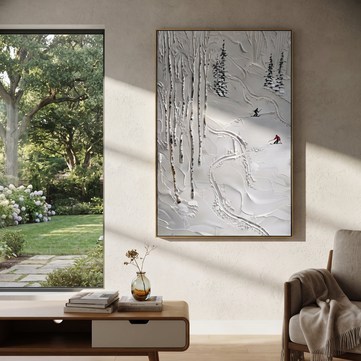 Carved Texture Run focuses on layered snow ridges, visible ski marks, and a quiet pine border. The artwork shows a winter ski scene built from the actual image: visible downhill figures, curved snow tracks, raised ridgelines, and alpine space arranged in a tall composition. The blue, white, orange palette gives the piece a cold mountain atmosphere while the thick impasto surface creates shadows along each snowbank, ski line, and textured ridge. This is presented as hand-painted textured canvas