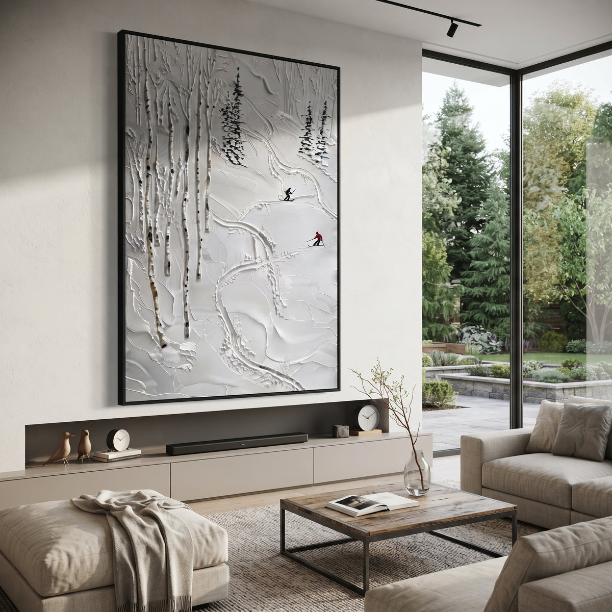 Carved Texture Run focuses on layered snow ridges, visible ski marks, and a quiet pine border. The artwork shows a winter ski scene built from the actual image: visible downhill figures, curved snow tracks, raised ridgelines, and alpine space arranged in a tall composition. The blue, white, orange palette gives the piece a cold mountain atmosphere while the thick impasto surface creates shadows along each snowbank, ski line, and textured ridge. This is presented as hand-painted textured canvas