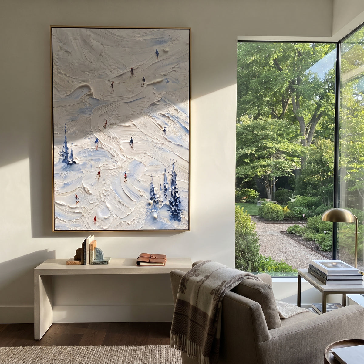 Silver Powder Path focuses on a busy resort slope with many tiny figures following separate downhill lines. The artwork shows a winter ski scene built from the actual image: visible downhill figures, curved snow tracks, raised ridgelines, and alpine space arranged in a tall composition. The white, green, blue palette gives the piece a cold mountain atmosphere while the thick impasto surface creates shadows along each snowbank, ski line, and textured ridge. This is presented as hand-painted