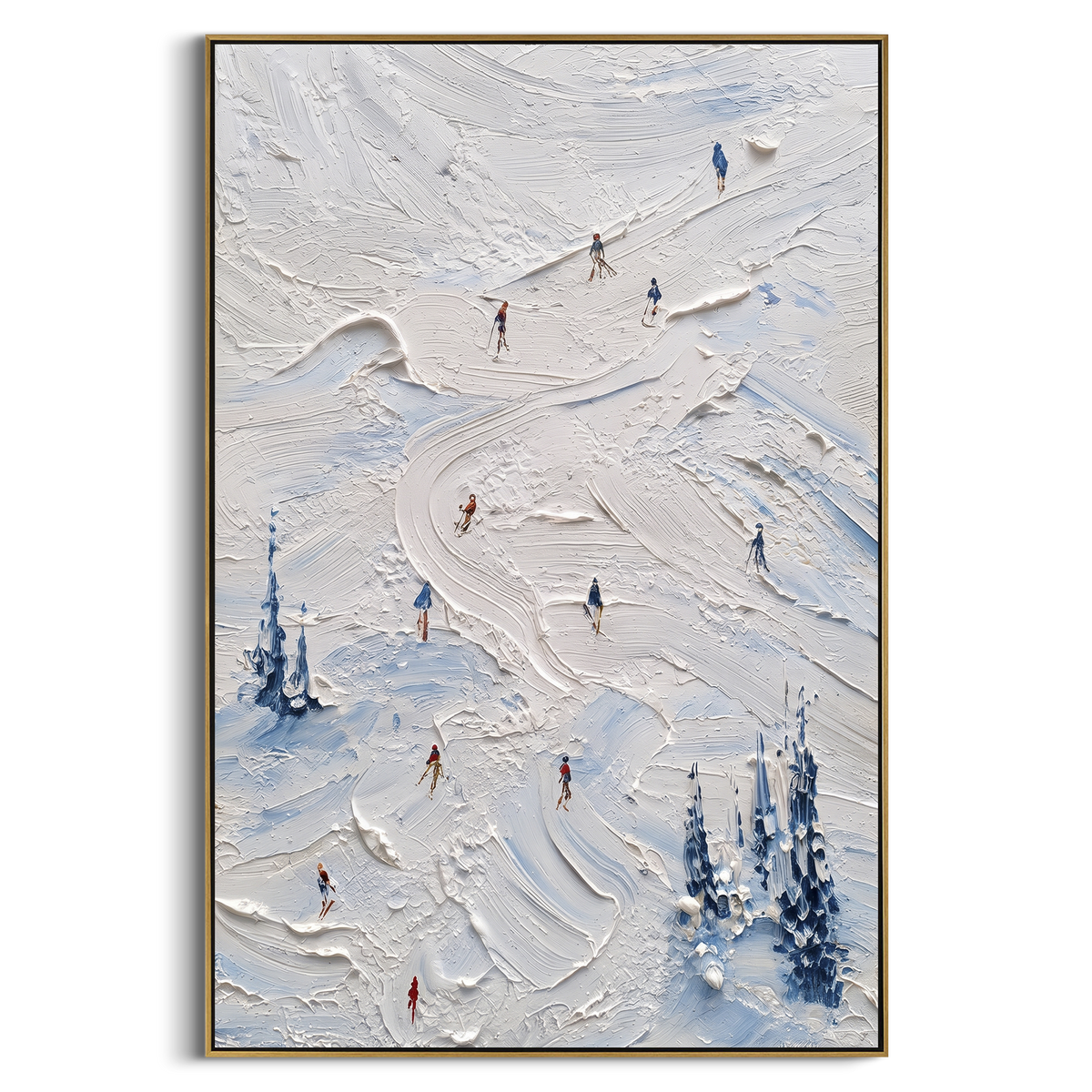 Silver Powder Path focuses on a busy resort slope with many tiny figures following separate downhill lines. The artwork shows a winter ski scene built from the actual image: visible downhill figures, curved snow tracks, raised ridgelines, and alpine space arranged in a tall composition. The white, green, blue palette gives the piece a cold mountain atmosphere while the thick impasto surface creates shadows along each snowbank, ski line, and textured ridge. This is presented as hand-painted
