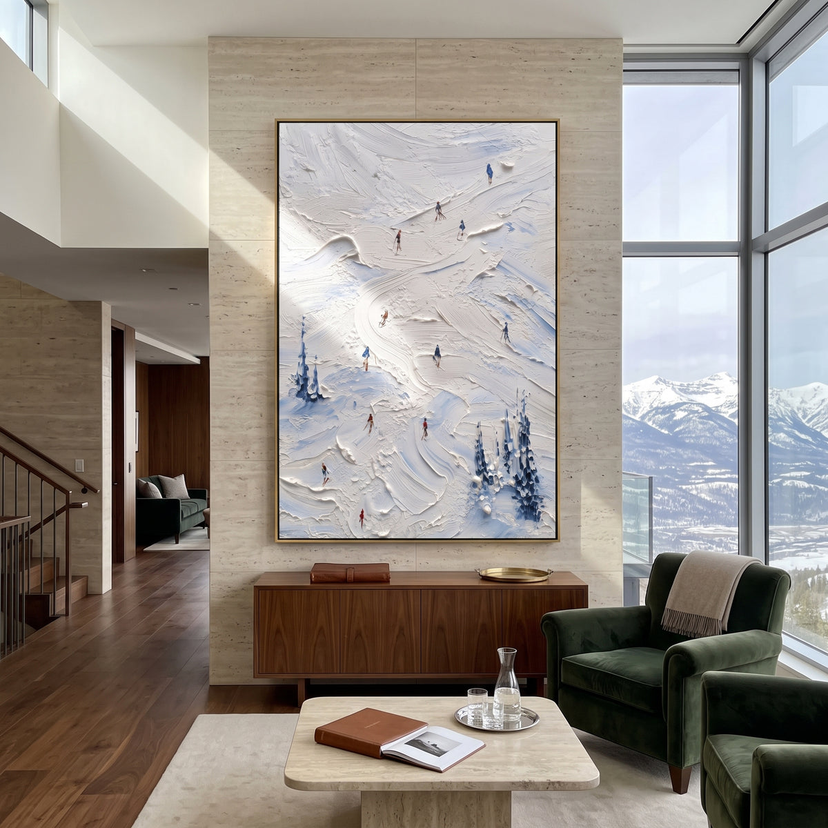Silver Powder Path focuses on a busy resort slope with many tiny figures following separate downhill lines. The artwork shows a winter ski scene built from the actual image: visible downhill figures, curved snow tracks, raised ridgelines, and alpine space arranged in a tall composition. The white, green, blue palette gives the piece a cold mountain atmosphere while the thick impasto surface creates shadows along each snowbank, ski line, and textured ridge. This is presented as hand-painted
