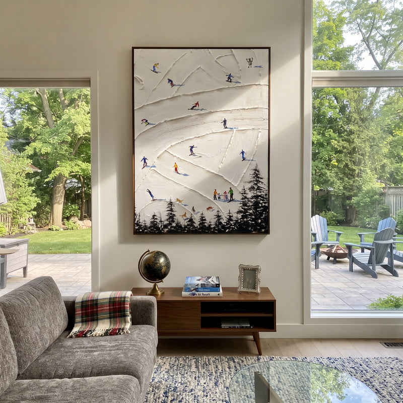 "North Ski Valley" - Modern Heavy Impasto Landscape Artwork | White & Black Palette Knife Painting | Luxury Vertical Wall Art #PT 2542