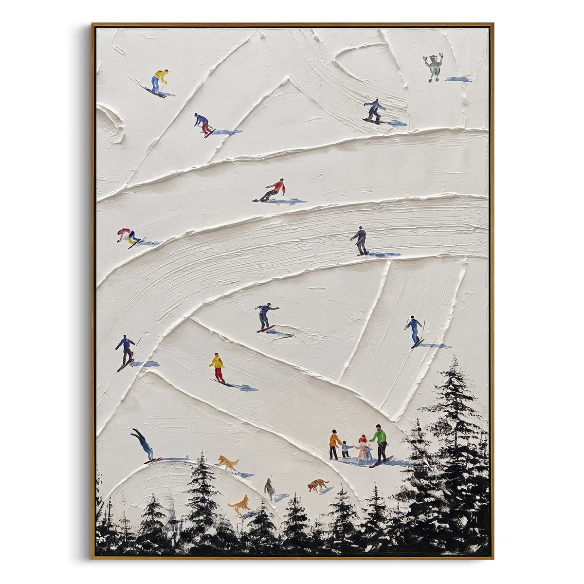 North Ski Valley focuses on a high alpine trail where tiny figures pass between textured snowbanks. The artwork shows a winter ski scene built from the actual image: visible downhill figures, curved snow tracks, raised ridgelines, and alpine space arranged in a tall composition. The white, black, gray palette gives the piece a cold mountain atmosphere while the thick impasto surface creates shadows along each snowbank, ski line, and textured ridge. This is presented as hand-painted textured
