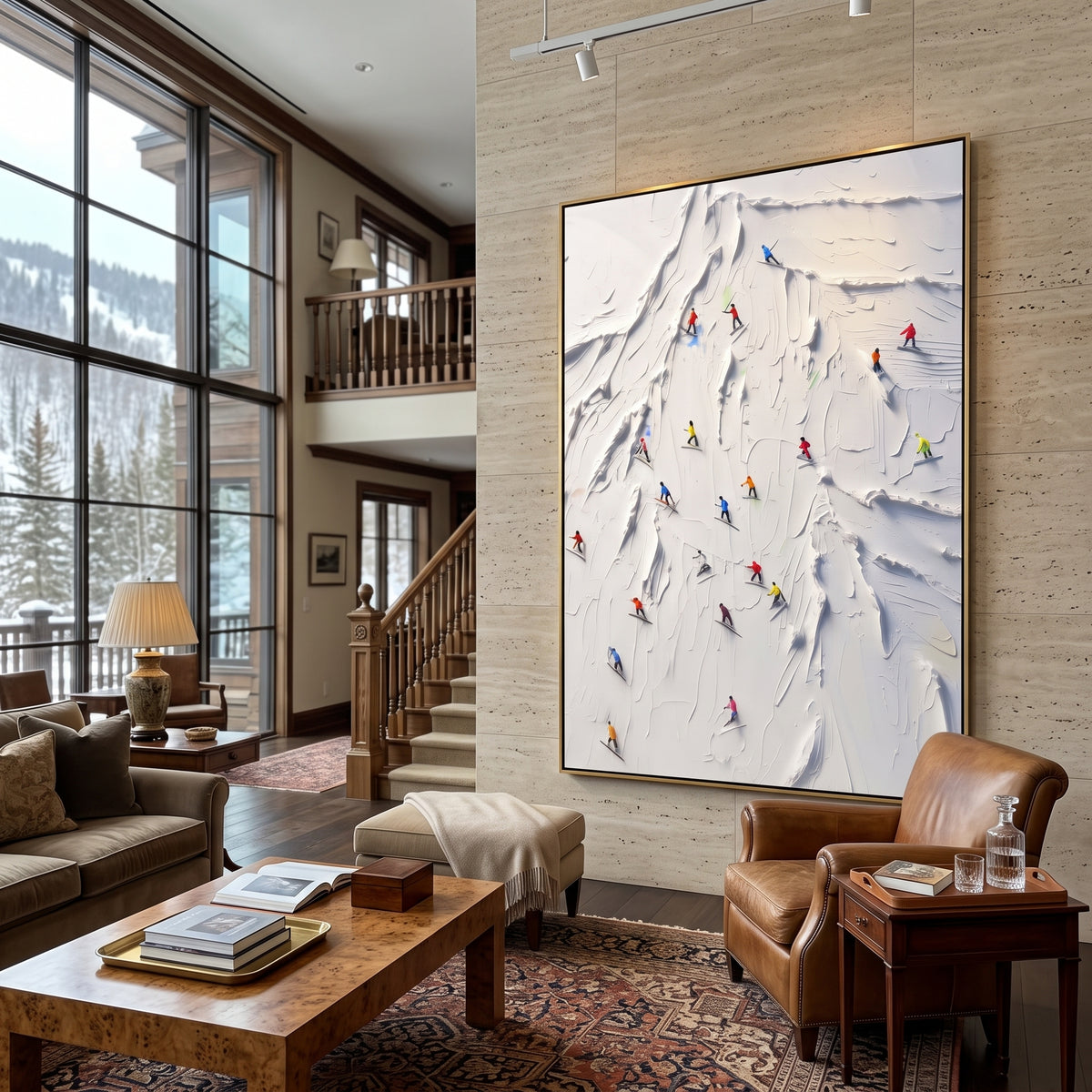 Cold Skiers focuses on tiny red, blue, and yellow skiers scattered across a sculpted alpine slope. The artwork shows a winter ski scene built from the actual image: visible downhill figures, curved snow tracks, raised ridgelines, and alpine space arranged in a tall composition. The white, beige, blue palette gives the piece a cold mountain atmosphere while the thick impasto surface creates shadows along each snowbank, ski line, and textured ridge. This is presented as hand-painted textured