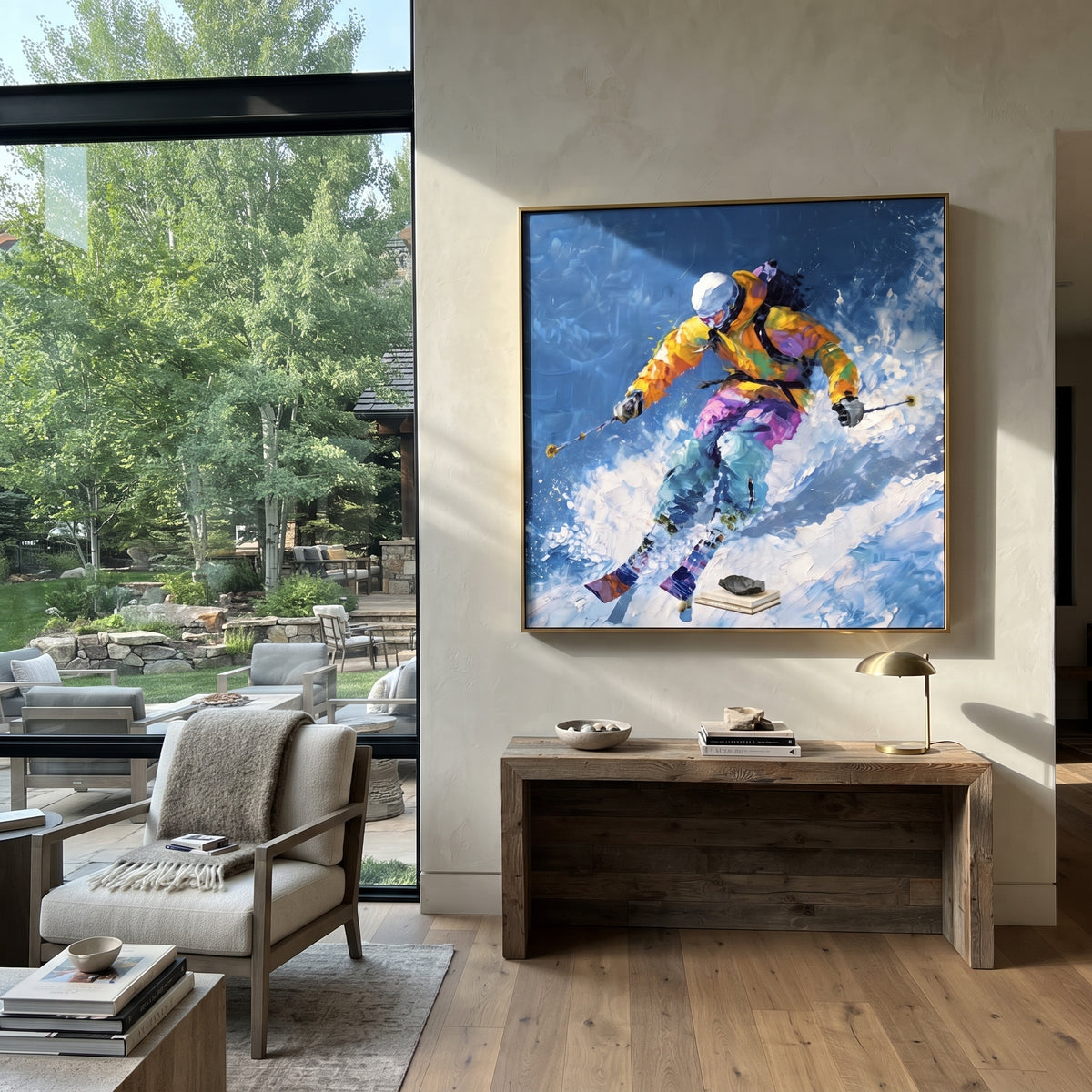 Yellow Jacket Jump Skier focuses on a yellow jacket skier launching through bright blue powder with skis lifted forward. The artwork shows a winter ski scene built from the actual image: visible downhill figures, curved snow tracks, raised ridgelines, and alpine space arranged in a balanced composition. The yellow, blue, white palette gives the piece a cold mountain atmosphere while the thick impasto surface creates shadows along each snowbank, ski line, and textured ridge. This is presented as